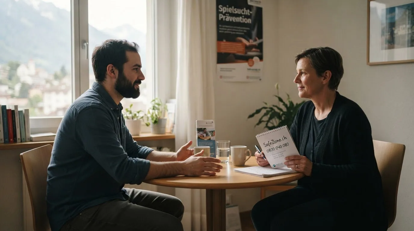 Eine Person im Gespräch mit einer Beraterin, im Hintergrund das SafeZone.ch-Logo und eine Helpline-Nummer.