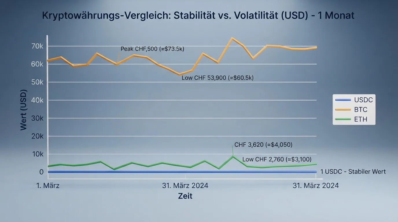 Eine Liniengrafik, die den stabilen USDC-Kurs (flach bei 1 USD) den schwankenden Kursen von BTC und ETH über einen Monat gegenüberstellt