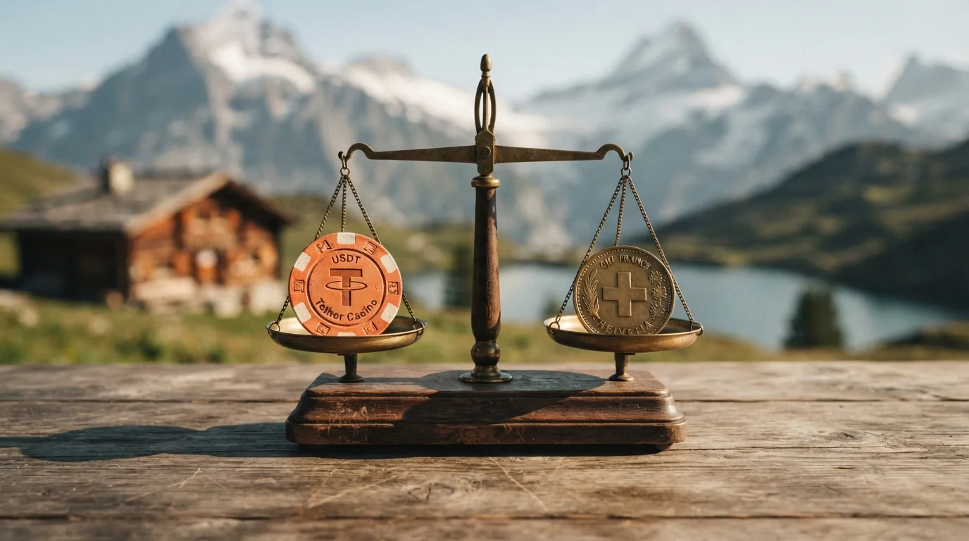 Waage mit USDT-Symbol auf der einen und Schweizer Kreuz auf der anderen Seite