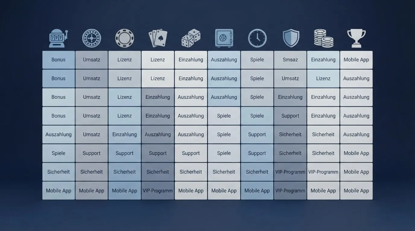Eine tabellarische Übersicht mit Casino-Logos, Bonus-Prozentangaben und Lizenzsymbolen in einer Vergleichsmatrix