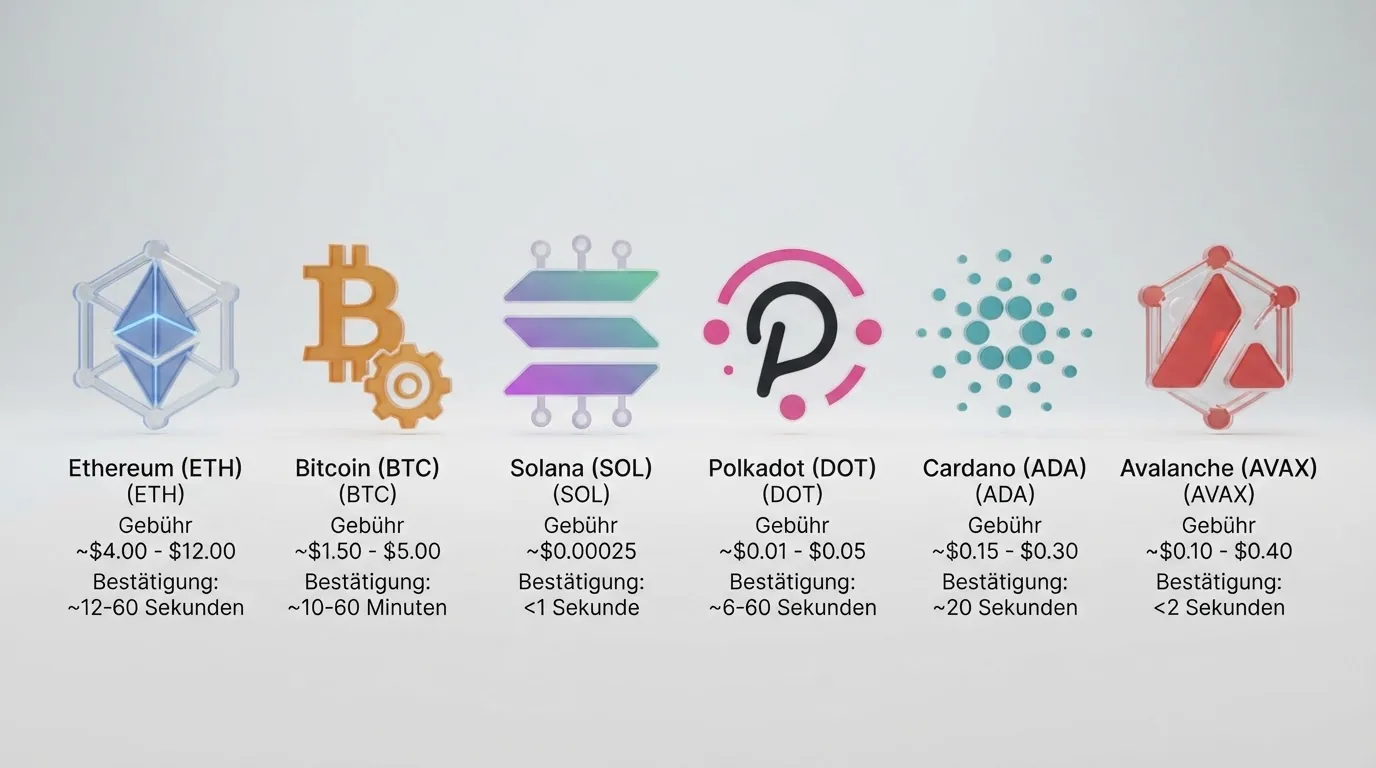 Sechs stilisierte Blockchain-Logos (Ethereum, Solana, Polygon, Base, Tron, BNB Smart Chain) mit darunter angezeigten typischen Transaktionsgebühren in US-Dollar und Bestätigungszeiten