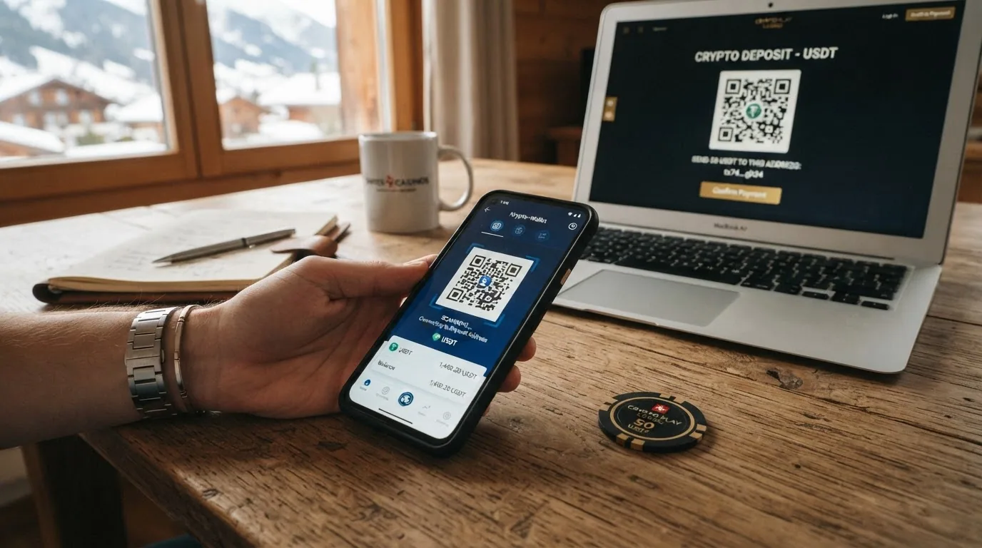 Smartphone mit geöffneter Krypto-Wallet-App, QR-Code auf dem Casino-Bildschirm im Hintergrund
