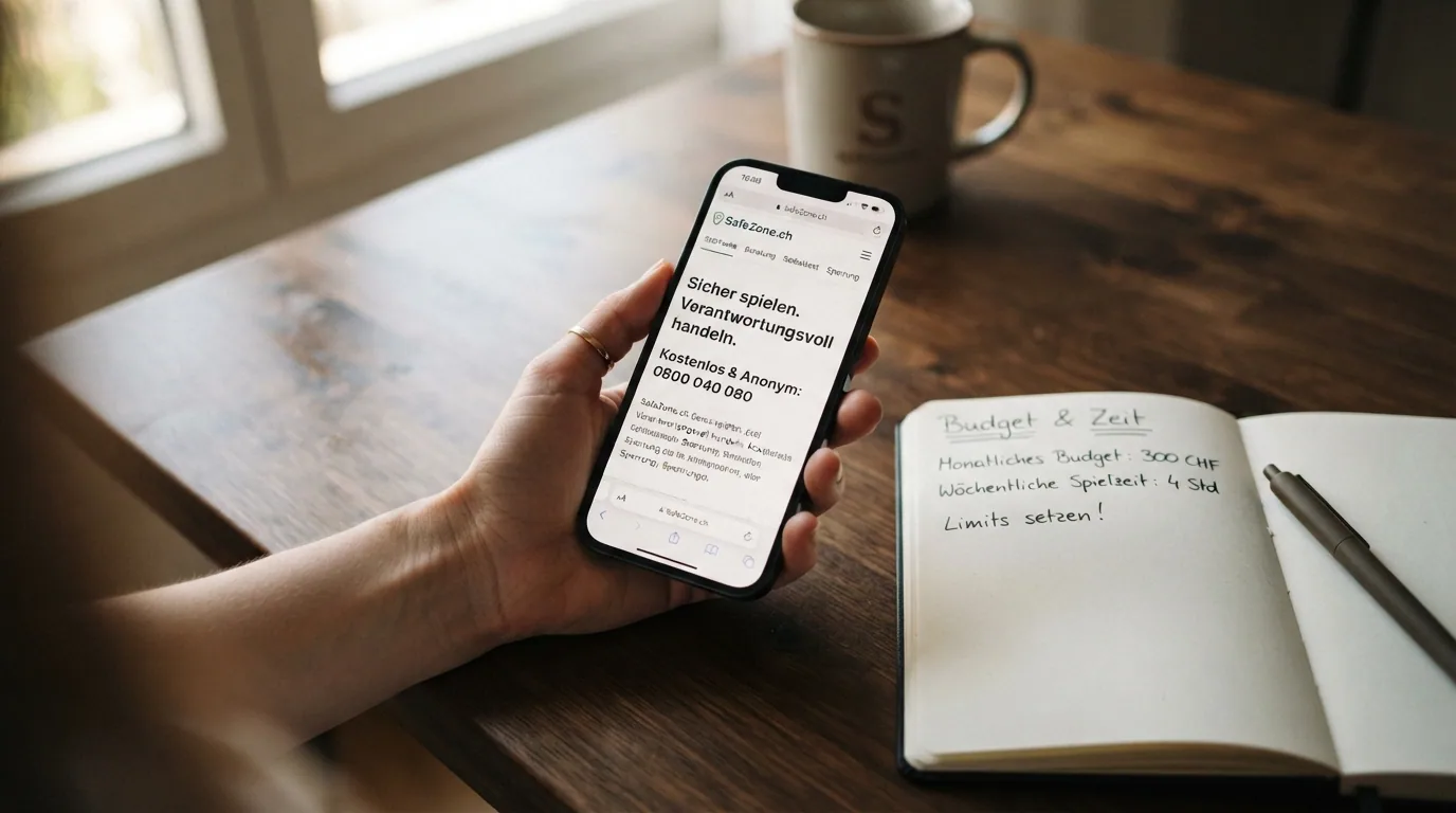 Ein Smartphone-Bildschirm mit geöffneter SafeZone.ch-Startseite und der Helpline-Nummer 0800 040 080, daneben ein Notizblock mit «Budget» und «Zeitlimit»