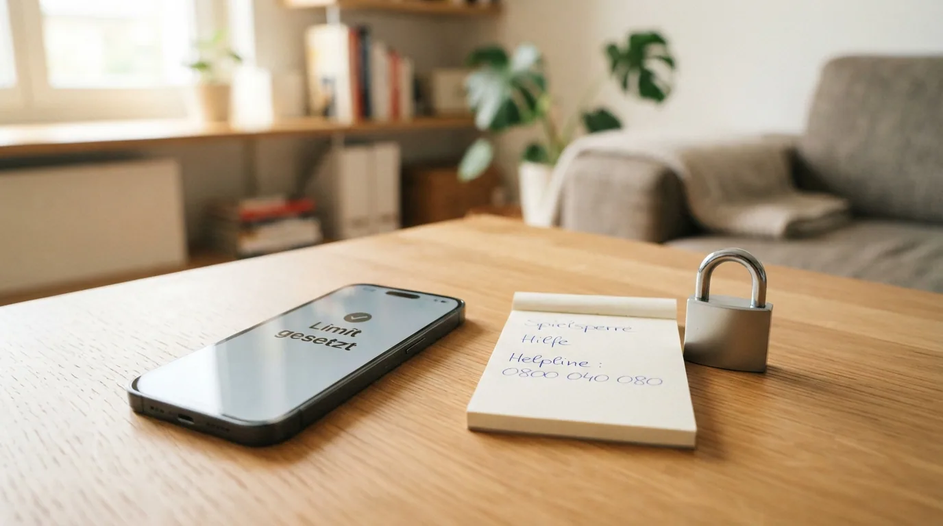 Eine ruhige Komposition aus einem Smartphone mit «Limit gesetzt»-Bestätigung, der Helpline-Nummer 0800 040 080 und einem Schloss-Symbol