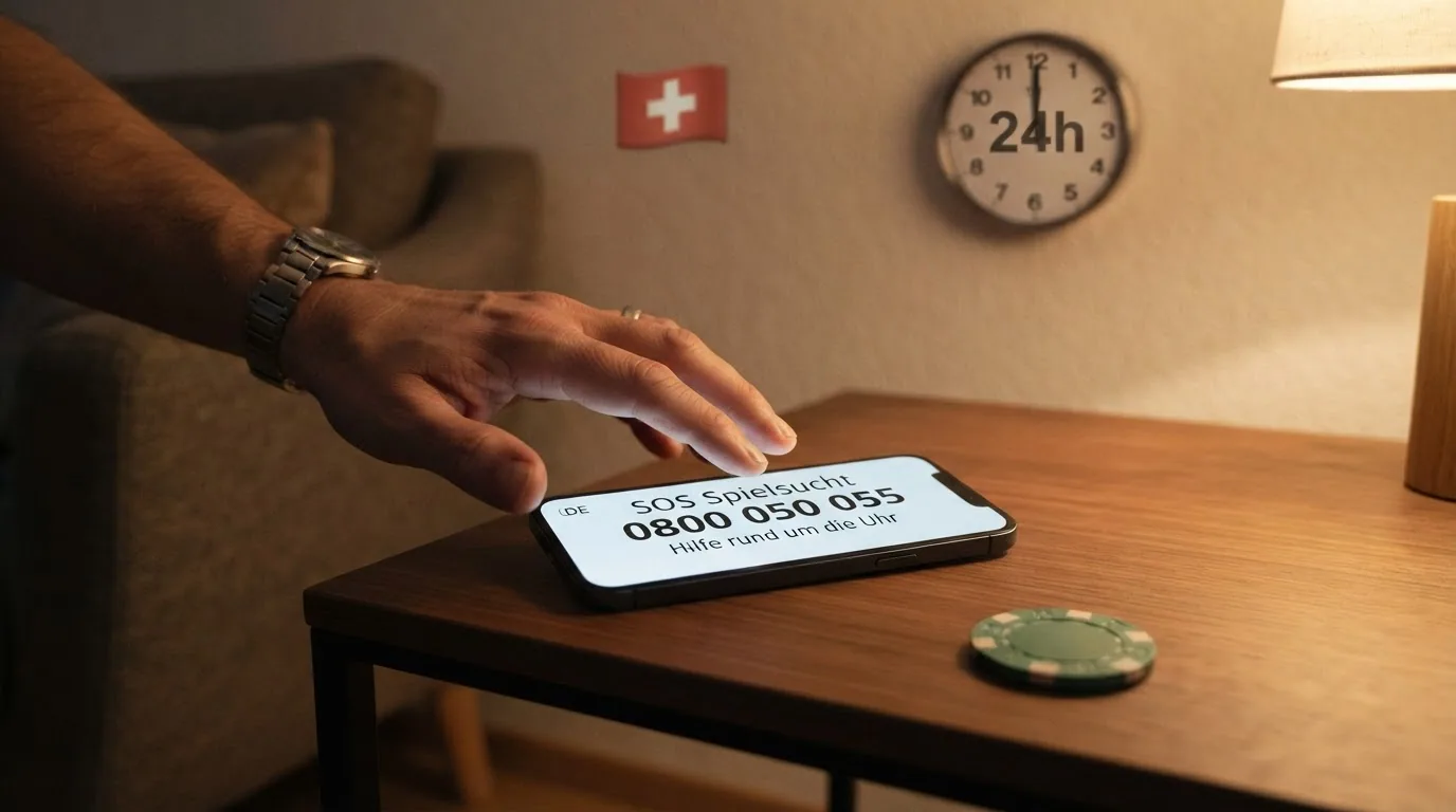 Symbolbild: Telefon-Hotline mit Uhr-Symbol für 24h-Erreichbarkeit und Schweizer Kreuz