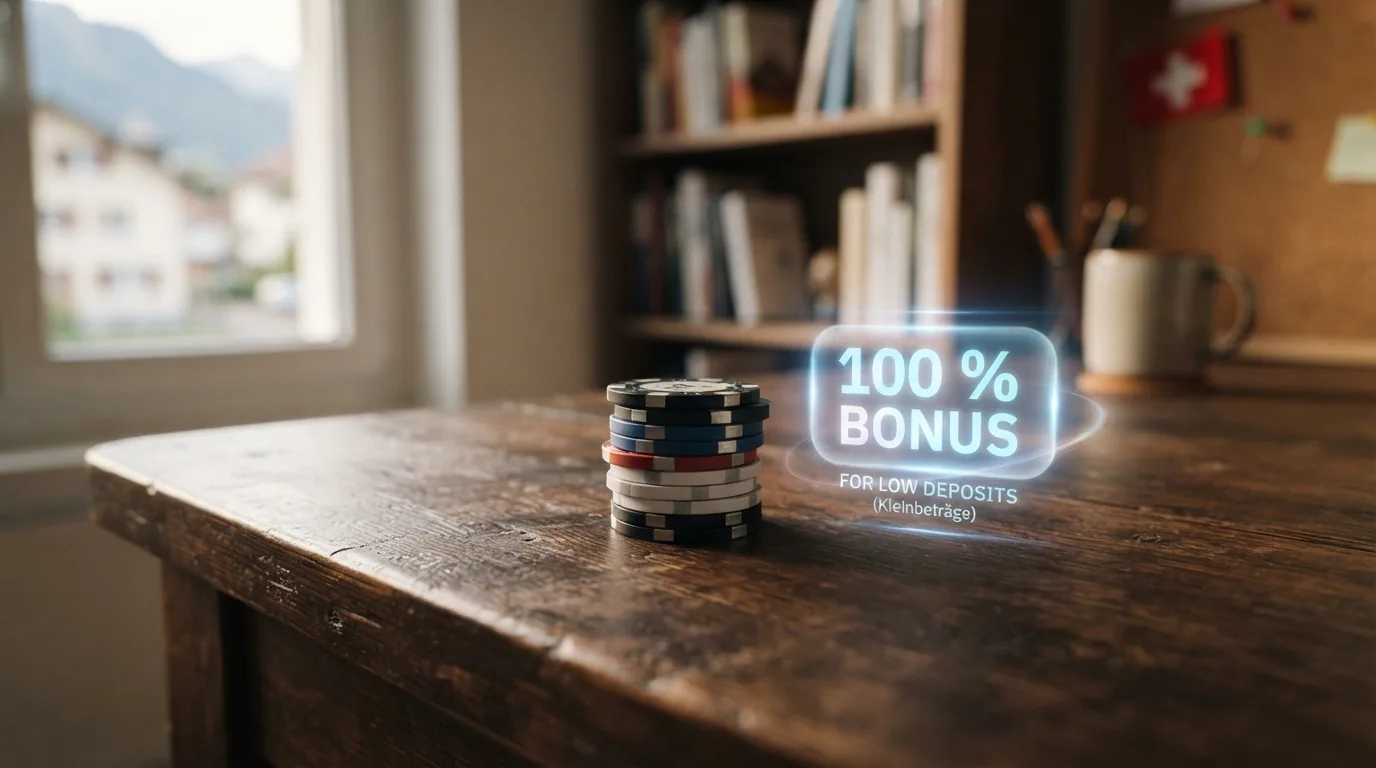 Ein Stapel Schweizer Franken-Münzen neben einem leuchtenden «100 % Bonus»-Schriftzug, dessen Grösse optisch schrumpft