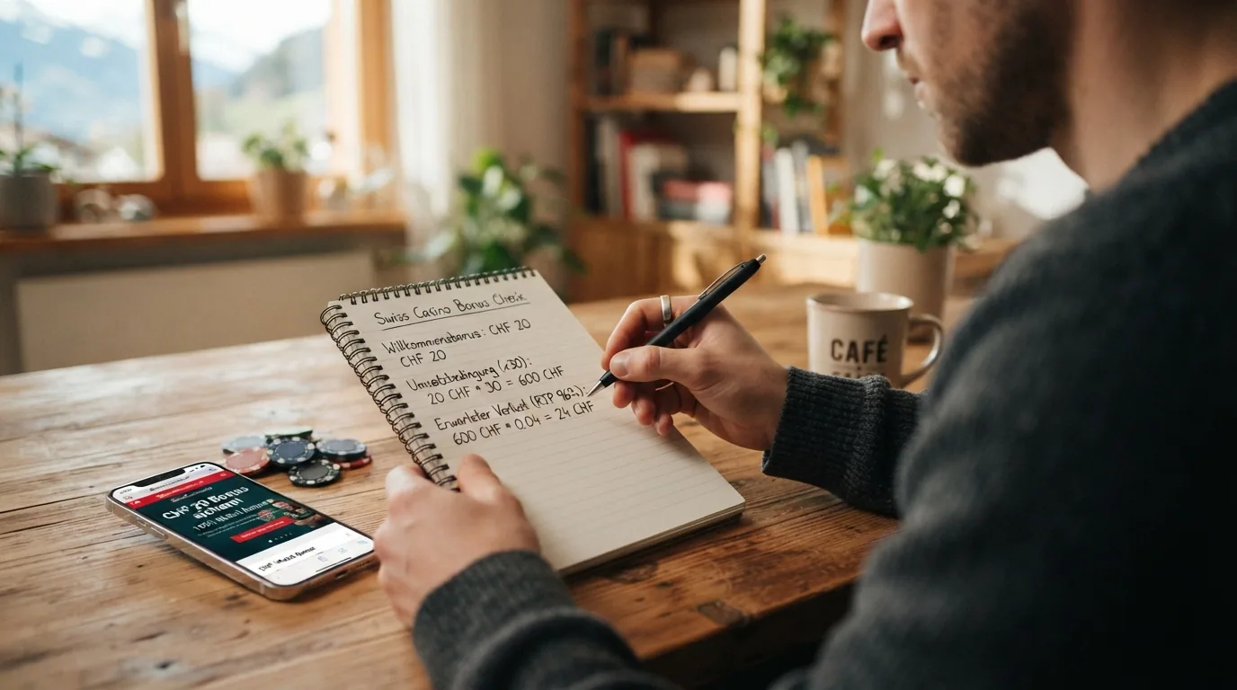 Illustrierte Rechnung: CHF 20 Bonus × 30x Umsatzbedingung = CHF 600 nötiger Einsatz, daneben der erwartete Nettoverlust