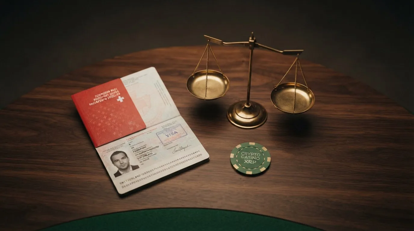 Ein Schweizer Pass liegt auf einem Casino-Tisch, daneben ein XRP-Token und eine Waage im Gleichgewicht