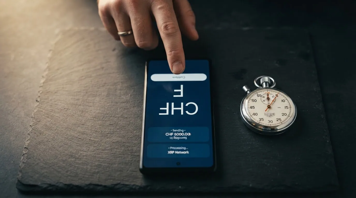 Stoppuhr neben einem XRP-Wallet auf dem Smartphone, der Sekundenzeiger läuft