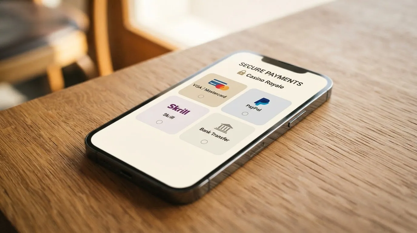 Die Logos von TWINT, PostFinance und Paysafecard nebeneinander auf einem Smartphone-Display mit Casino-Hintergrund