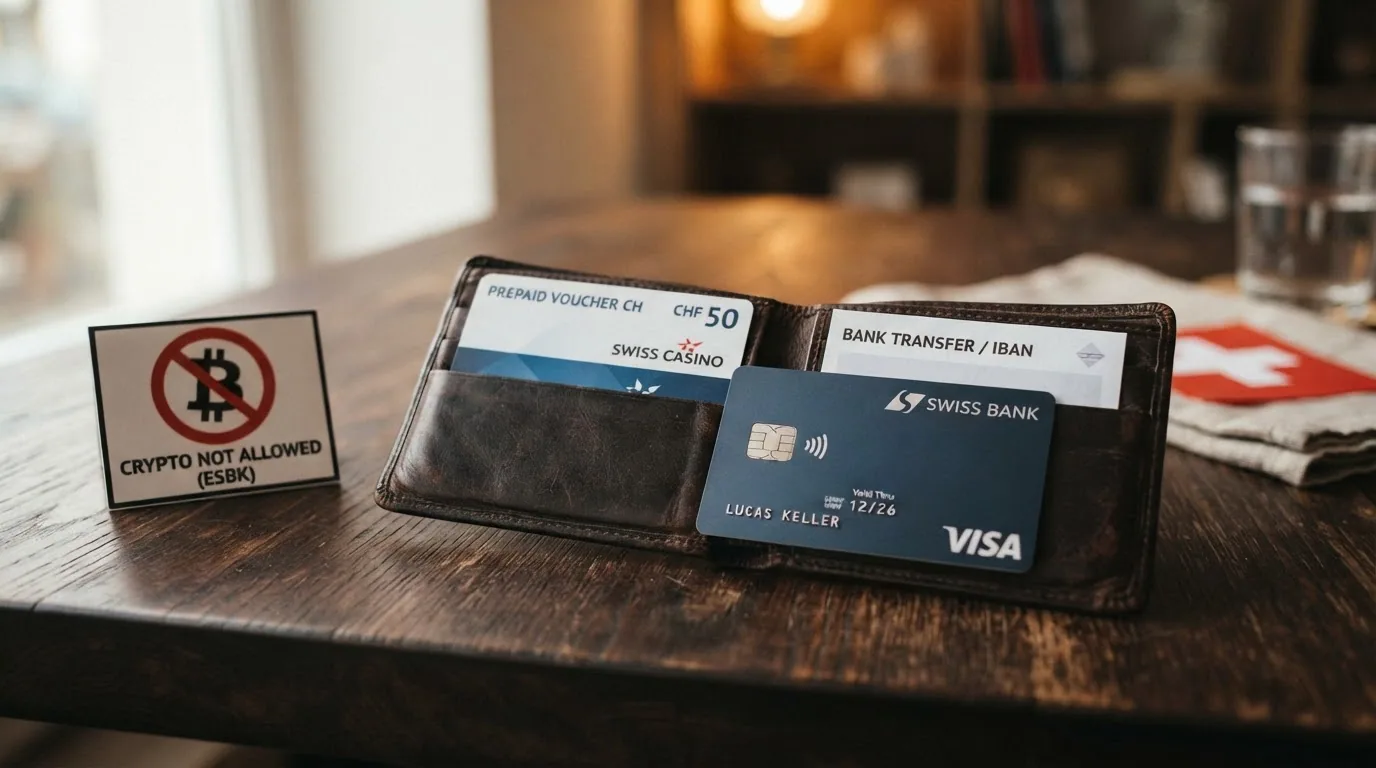 Eine Brieftasche mit TWINT-Logo, Kreditkarte und Banküberweisungs-Symbol, im Hintergrund ein gesperrtes Crypto-Symbol