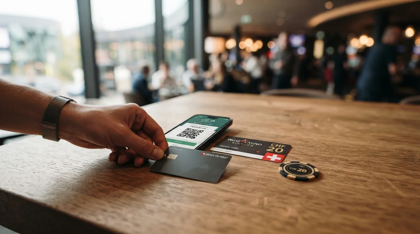 TWINT-Logo, PostFinance-Karte, Paysafecard-Code und Visa-Karte nebeneinander mit Zeitangaben für Ein- und Auszahlung