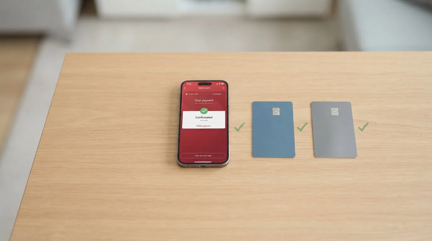 Drei Zahlungsmittel — TWINT-App, PostFinance-Karte und Kreditkarte — nebeneinander mit Haken bei TWINT und PostFinance